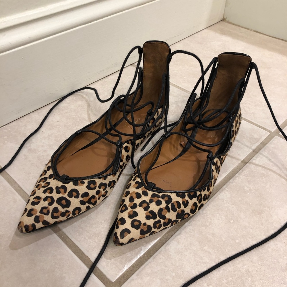 Zara cheetah hair print, ankle lace-up flats, sz37